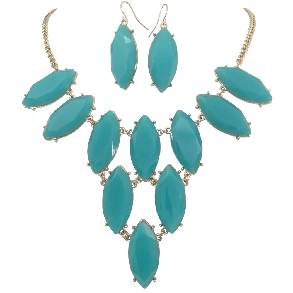 Aqua Blue Eye Cluster Bib Necklace Earrings Set